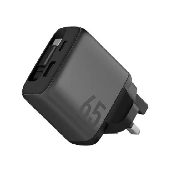 Energea Ampcharge Arc 65 1-Port USB-C, 1-Port USB-A & 1-USB-C Retractable Cable 65W GaN Wall Charger - Gunmetal